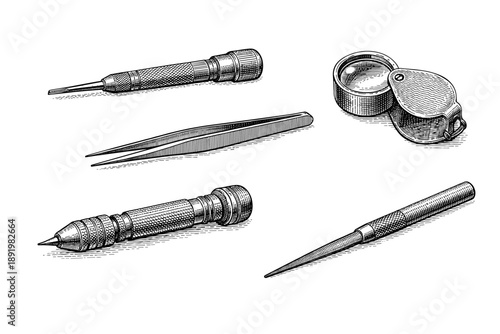 Vintage engraved tools set: chisel, lens, tweezers, marker, awl
