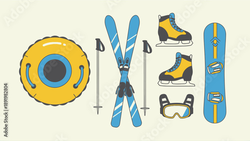 Winter sports equipment including skis, snowboard, and ice skates  