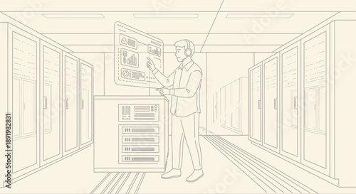 IT technician monitoring server performance in data center  
