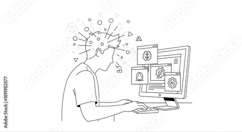 Man working on computer with overwhelmed thoughts and icons  