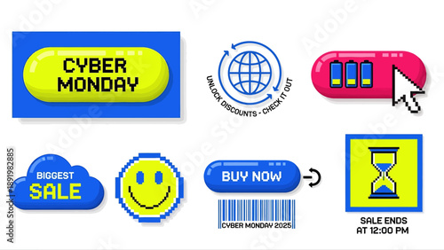 Colorful Cyber Monday sale icons with buttons and symbols  