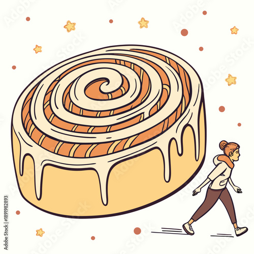 Enormous realistic cinnamon roll serving as a plush area rug in a cozy living room