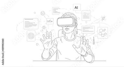 Person wearing VR headset interacting with digital interface  