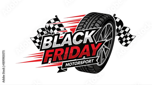 Black Friday motorsport logo with tire and checkered flags  