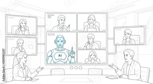 Business meeting with AI assistant in virtual conference room  