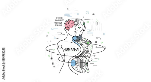 Human and AI integration concept in abstract graphic style  
