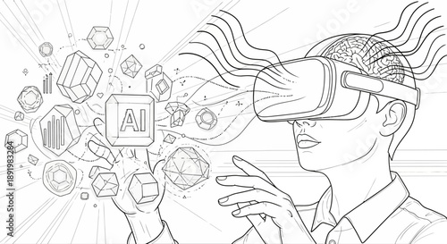 Man using virtual reality headset interacting with AI graphics  