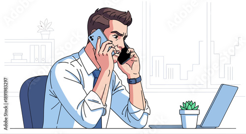 Man talking on two phones while working at a desk in office   