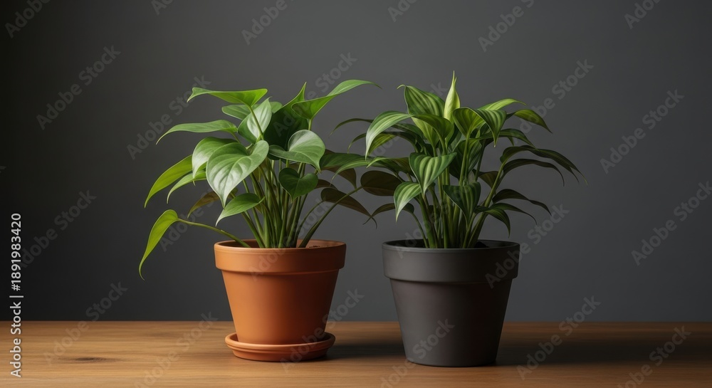 Obraz premium Two Potted Plants on Wooden Table Against Dark Background, Indoor Decor