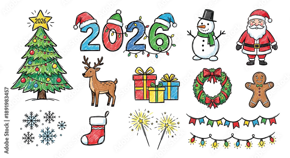 Fototapeta premium Christmas illustration with decorations, gifts, and winter symbols