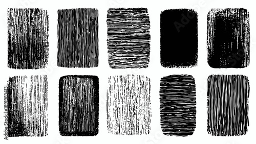 Abstract black and white textured brush strokes in rectangular shapes  