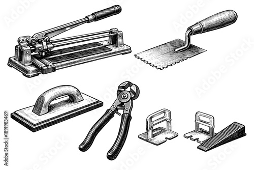 Collection of vintage construction tools: tile cutter, trowel, and pliers