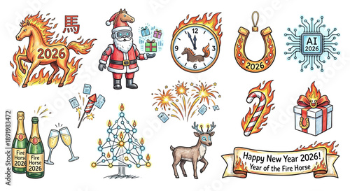 New Year 2026 festive icons with Santa, fire, and decorations  