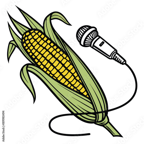 Massive realistic corn on the cob being used as a microphone with detailed golden kernels