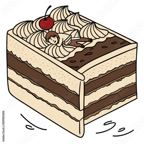 Detailed massive tiramisu cake slice being used as a soft mattress for a comfortable bed