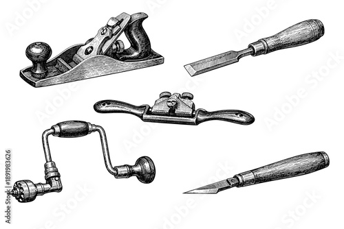 Vintage woodworking tools: plane, chisel, brace, scraper, knife engraving