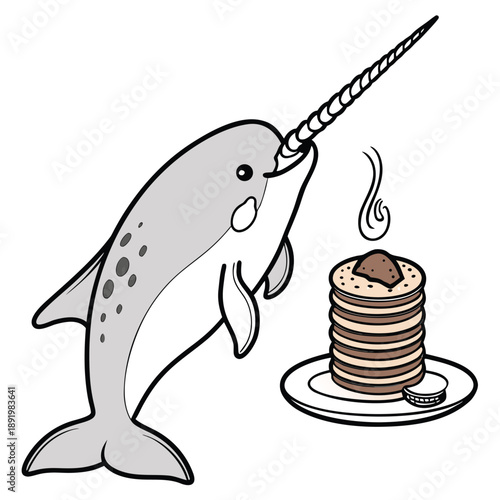 Realistic narwhal in a kitchen using its long tusk as a spatula to flip pancakes on a griddle