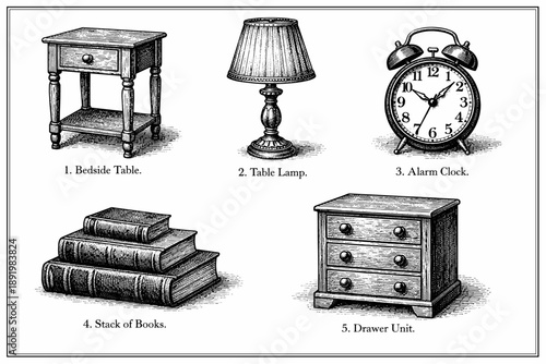 Vintage furniture and accessories illustration featuring lamp, clock, books, table, drawer
