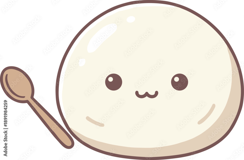 Obraz premium Minimalist Cute White Mochi or Steamed Bun Character with Small Wooden Spoon Kawaii Asian Dessert Food Illustration Isolated on White