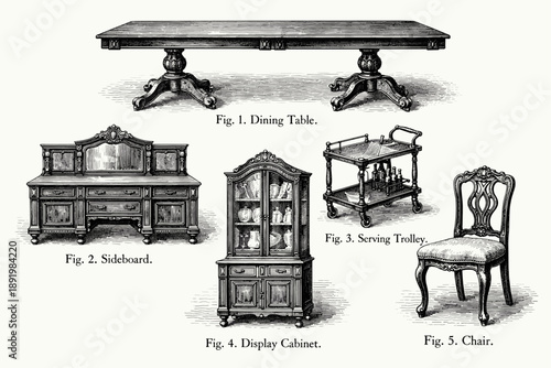 Vintage victorian furniture set: dining table, sideboard, display cabinet, serving trolley, chair