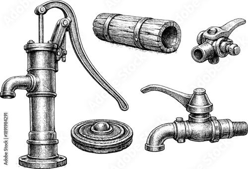 Vintage hand pump and plumbing components drawing