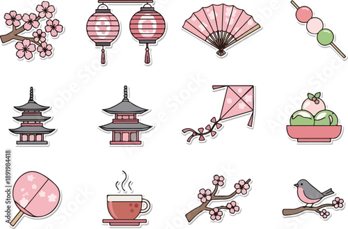 Collection of Japanese cultural illustrations featuring lanterns, temples, and nature elements in a serene environment from a frontal viewpoint.