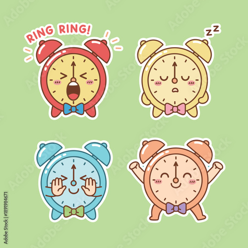 Set of Four Colorful Alarm Clock Characters with Different Facial Expressions and Bow Ties Representing Morning Routine Wake Up Time and Daily Schedule Management