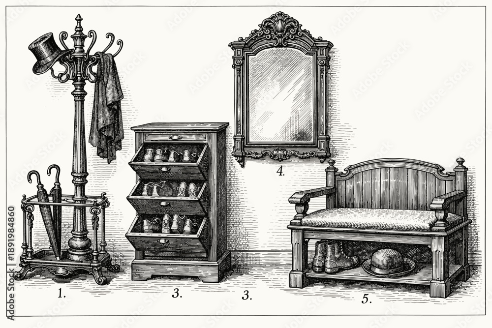 Fototapeta premium Antique hallway decor with coat rack, shoe cabinet, ornate mirror, and wooden bench