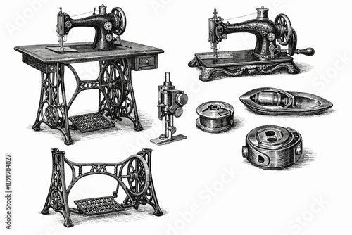 Vintage sewing machines and accessories: spools, bobbins, and hand crank mechanism