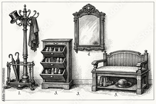 Antique hallway decor with coat rack, shoe cabinet, ornate mirror, and wooden bench