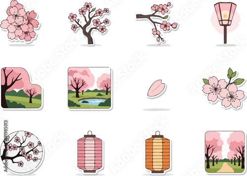 Collection of cherry blossom illustrations featuring lanterns and trees in a serene landscape from various viewpoints