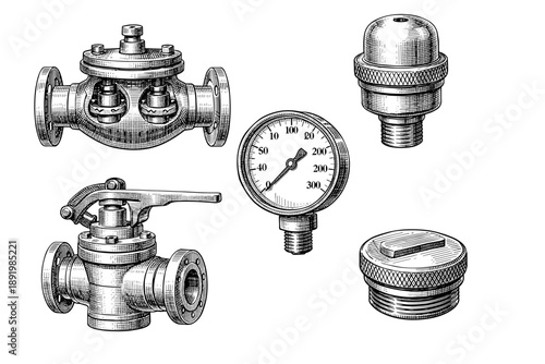 Intricate vintage mechanical components and pressure gauge illustrations
