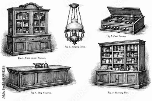 Vintage store furnishings: glass cabinet, hanging lamp, cash drawer, counter, shelving unit