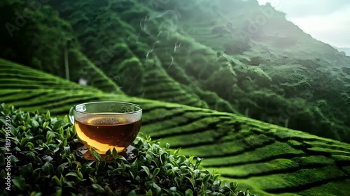 Tea industry. Tea leaves. Plantation. Culture. A glass cup filled with green tea on top of a lush green hillside. The cup is filled to the brim with a golden liquid, likely tea.