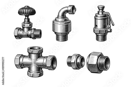 Illustration of various metal pipe fittings and valves in vintage style
