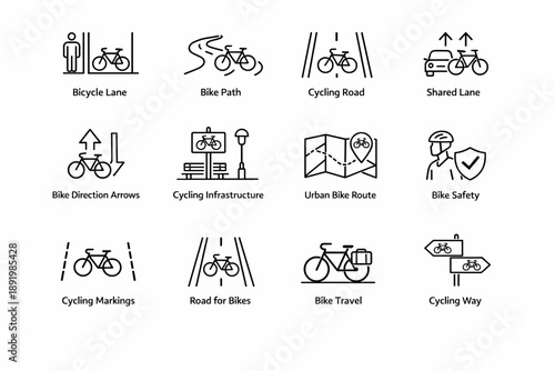 Cycling infrastructure icons: paths, lanes, safety signs, bike travel directions
