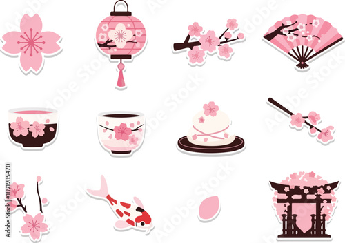 A serene Japanese-inspired set of illustrations featuring cherry blossoms, tea, and traditional elements in a harmonious arrangement.