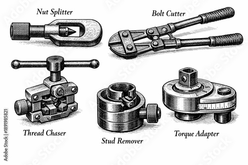 Collection of hand tools: nut splitter, bolt cutter, thread chaser, stud remover, torque adapter