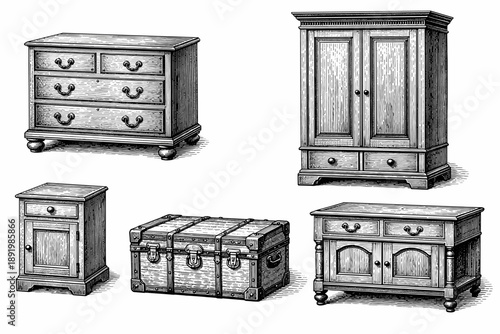 Vintage wooden furniture collection - chest, wardrobe, and trunk illustration
