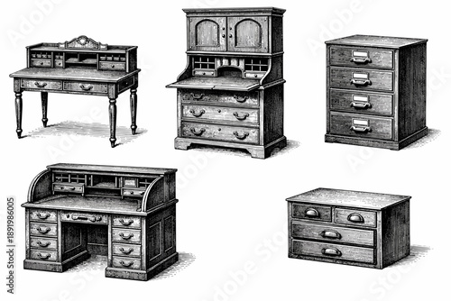 Vintage office furniture collection featuring desks and filing cabinets