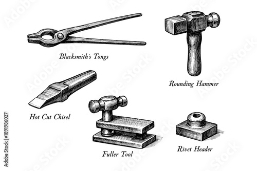 Blacksmith tools: tongs, chisel, hammer, fuller, rivet header sketch