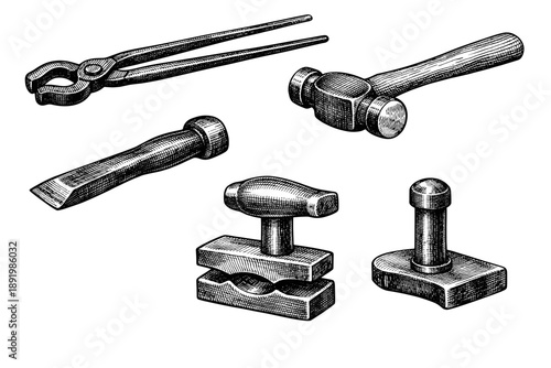Vintage black and white engraving of traditional metalworking tools