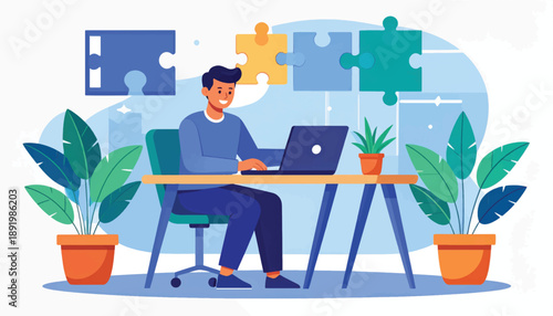 Man Working on Laptop at Desk with Plants.