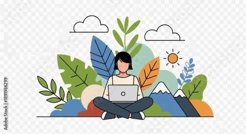Woman Sitting with Laptop Surrounded by Foliage.