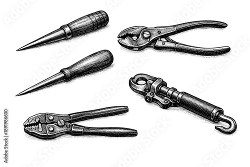 Vintage hand tools: pliers, awls, and hook tensioner illustration
