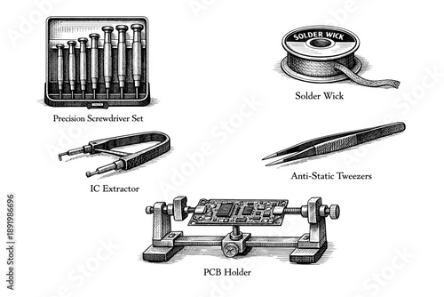 Essential electronics repair tools: precision screwdriver set, solder wick, ic extractor, anti-static tweezers, pcb holder