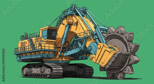 A large, detailed illustration of a yellow and blue bucket-wheel excavator on tracks, used for heavy industry and mining.