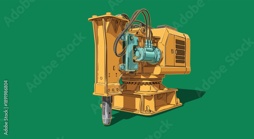 A detailed illustration of a heavy-duty hydraulic breaker attachment for excavators, used in construction and demolition.