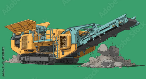 A detailed illustration of a large yellow and blue mobile rock crushing machine on tracks, processing stones into smaller aggregates.