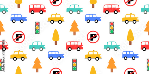 Seamless city transport pattern with colorful cars, buses, taxis, traffic lights, and road signs for kids nursery wallpaper, textile prints, educational background, and flat vector design.
